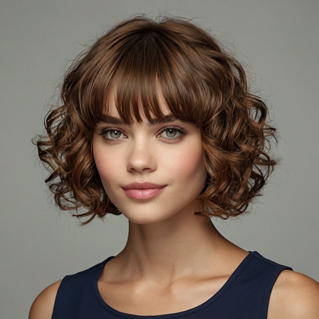 Ear-Length Curly Bob with Bangs