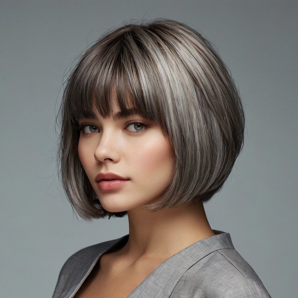 Shiny Gray Bob with Curtain Bangs